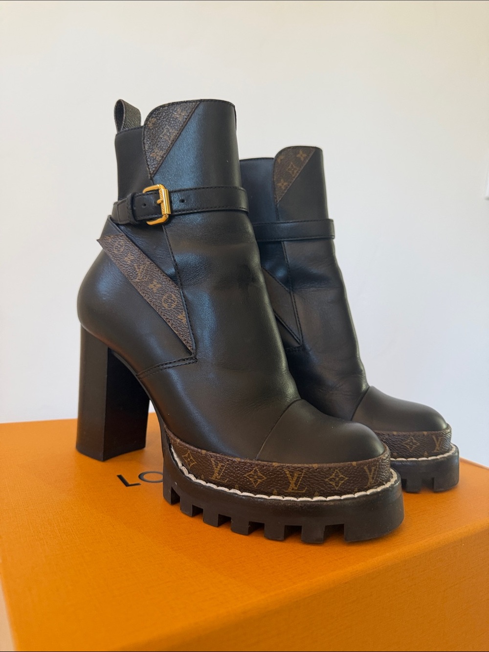 Louis Vuitton Black Leather Platform Lug-Heel Ankle Boots with Monogram Trim